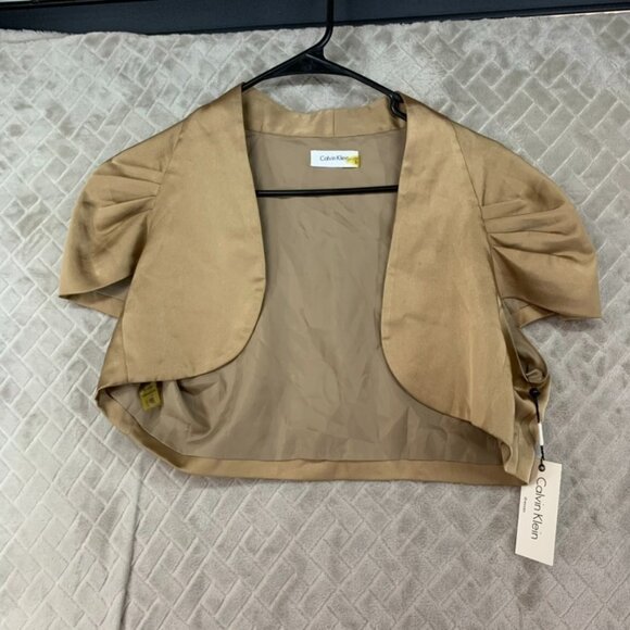 Calvin Klein Womens 12 Shrug Shirt Gold Cropped Pleated Short Sleeve Office Wear - Picture 1 of 15